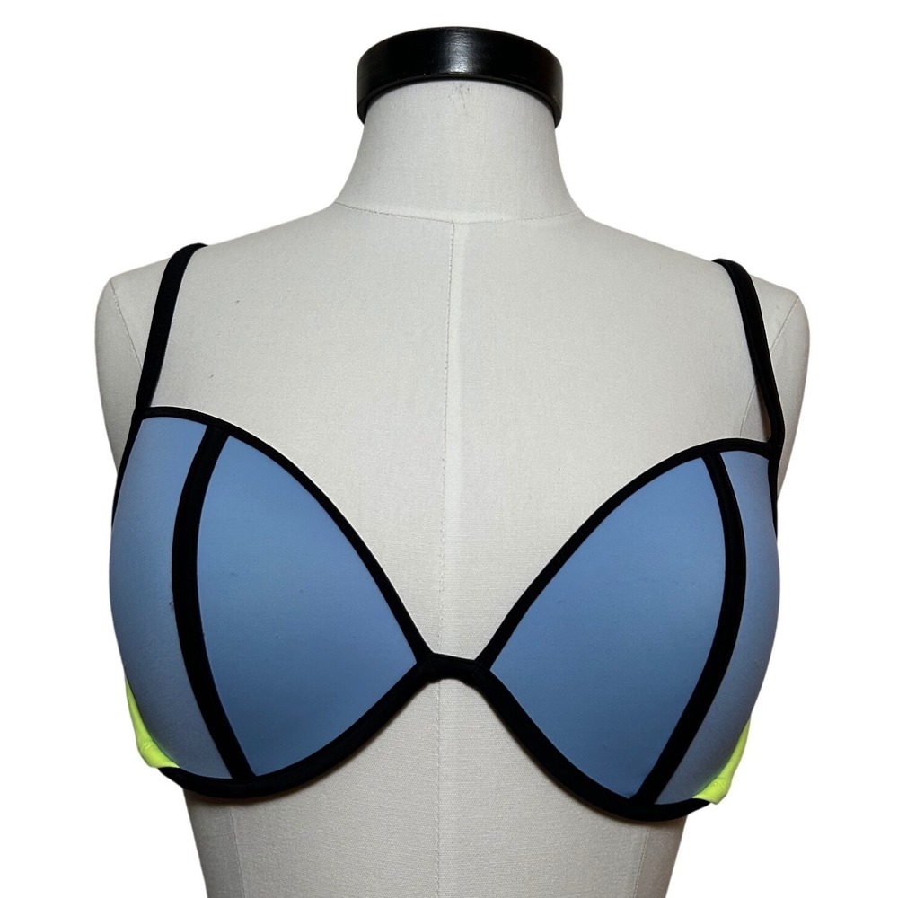 Victoria's Secret Blue Neon Yellow Colorblock Underwire Bikini Top Swim‎ 36C